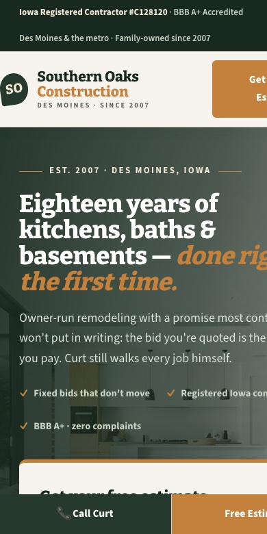 A remodeling company website shown on a phone